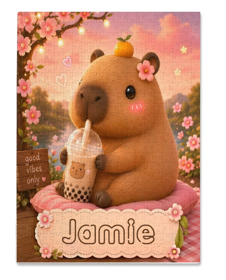 Capybara jigsaw puzzle with custom name plaque (Jamie), flowers, and pumpkin