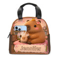 Kids lunch bag with handle, brown front with cute bear and flowers, Jennifier logo.