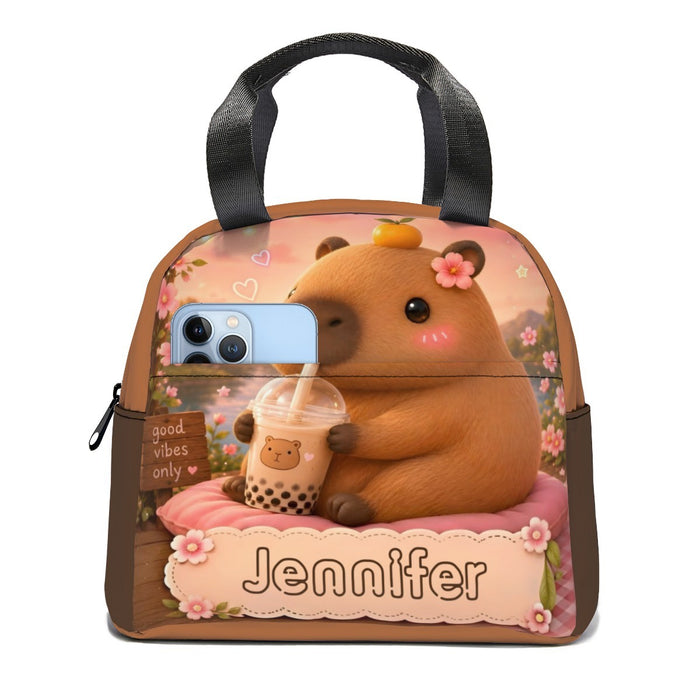 Kids lunch bag with handle, brown front with cute bear and flowers, Jennifier logo.