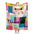 Multicolor patchwork cat fleece blanket with kitten face and personalized name