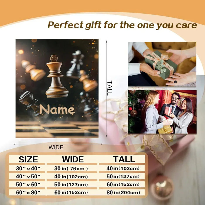 Personalized chess blanket layout with name panel and size chart details