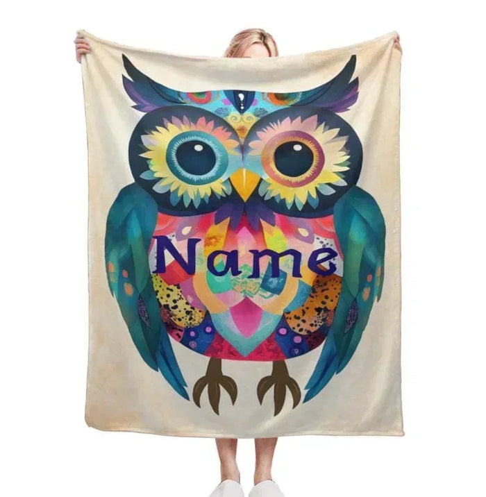 Owl flannel blanket with colorful owl and custom name text on light fabric
