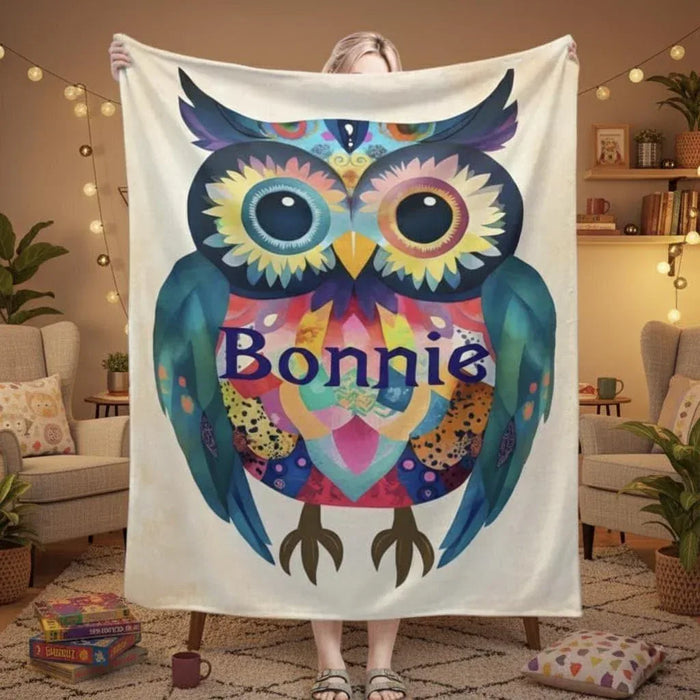 Personalized owl flannel blanket with colorful owl and custom name text in blue