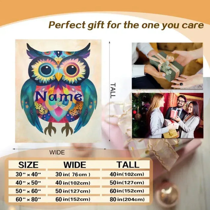 Owl flannel blanket with colorful bird design and 'Name' text, plus size chart