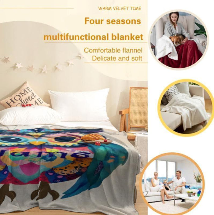 Colorful owl flannel blanket with custom name and bed styling for all seasons