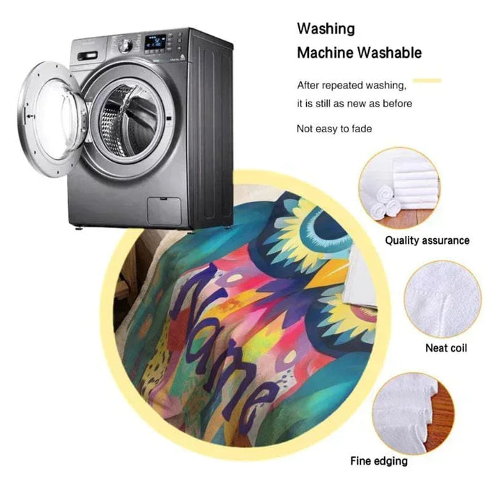 Owl flannel blanket in wash setting, with neat edging and colorful owl print