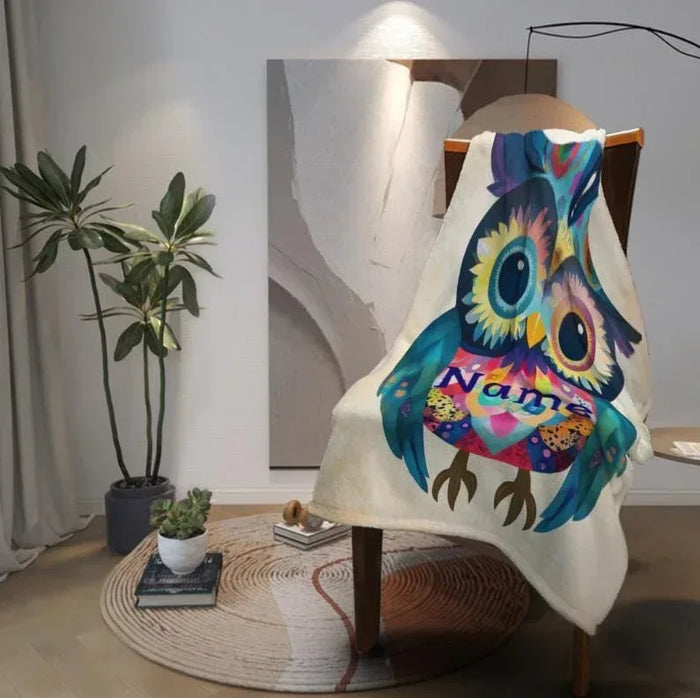 Colorful owl flannel fleece throw blanket, personalized bird design