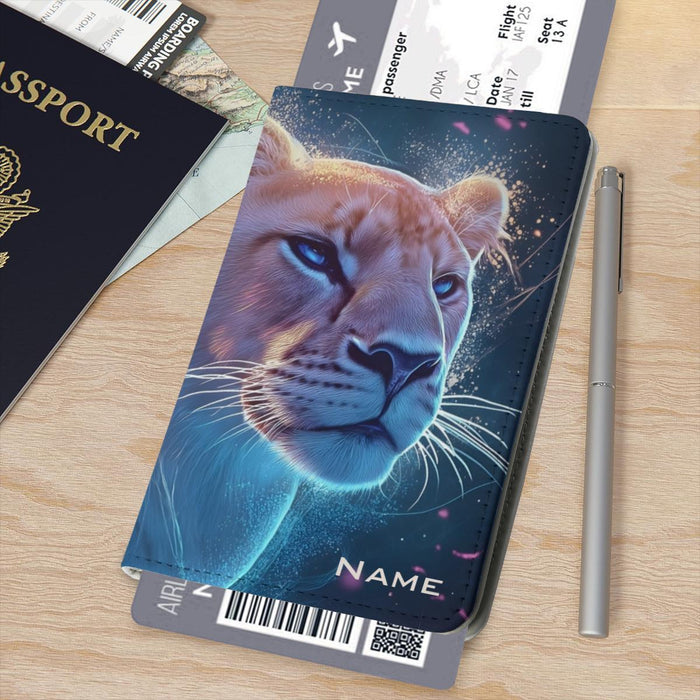 Lion-themed passport holder with starry galaxy blue cover and space for NAME