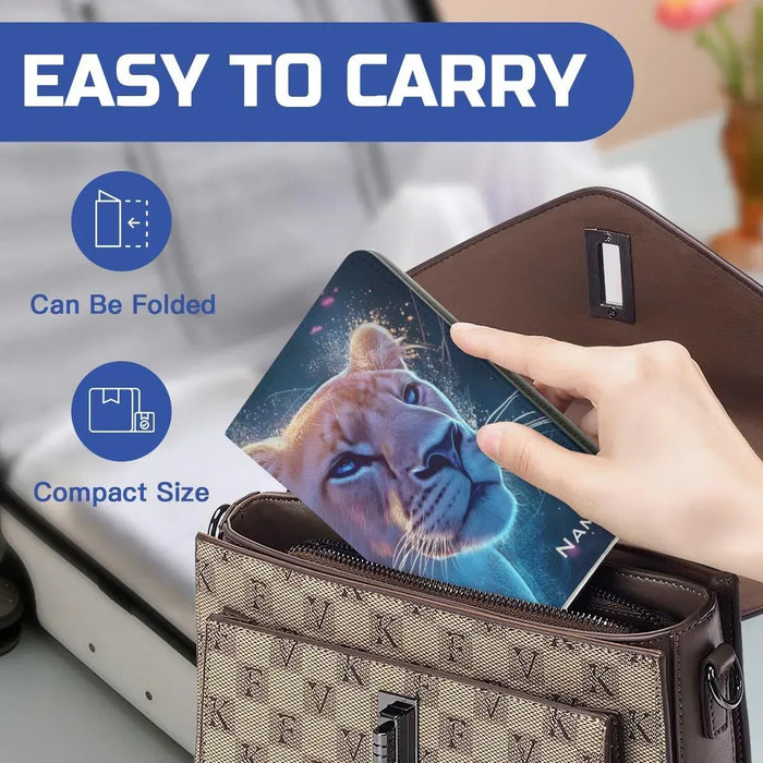 Lion passport holder with starry galaxy design, inside a zipper pouch