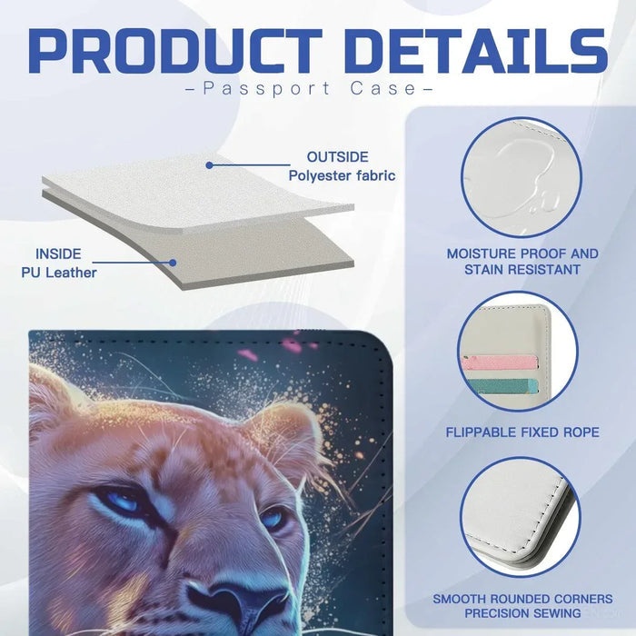 Lion passport case front with rounded corners, starry galaxy cover design