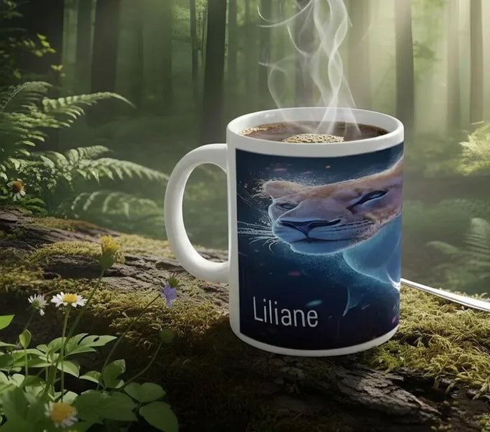 White ceramic coffee mug with blue cat face art and name Liliane on front