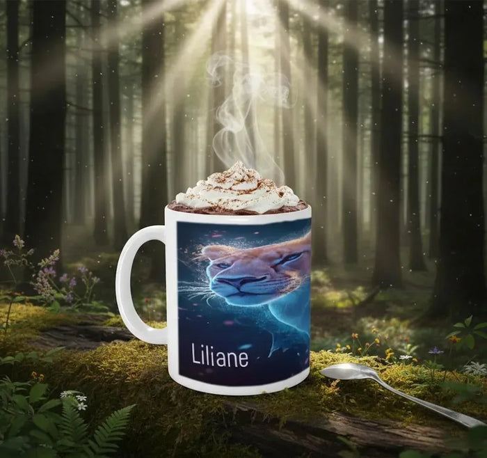 White ceramic coffee mug with blue cat artwork and name Liliane, topped with whipped cream