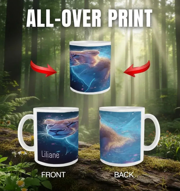 White mug with all-over blue cat print and name Liliane, front and back views