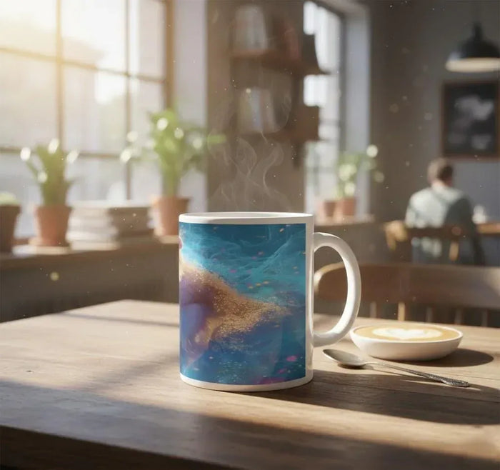 White ceramic coffee mug with blue cat-themed print standing on a wooden table