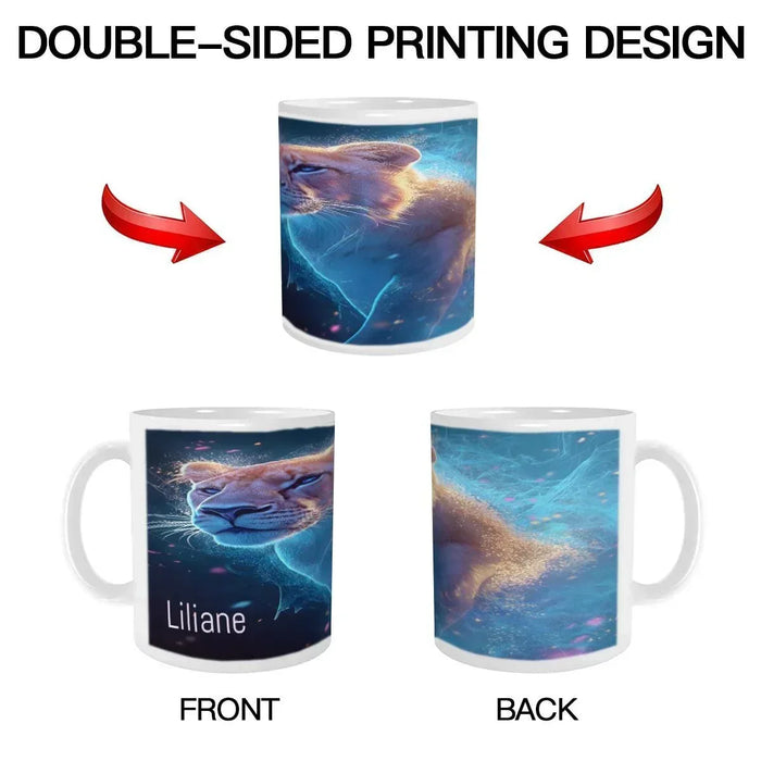 White coffee mug with double-sided blue cat print; front includes Liliane text
