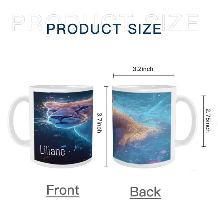 White mug size chart with front/back views and dimensions 3.2 in and 2.5 in