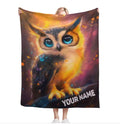 Cosmic owl throw blanket with blue-eyed owl art and YOUR NAME text at bottom