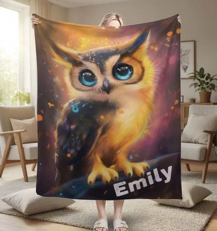 Cosmic owl throw blanket with blue-eyed owl art and custom name text Family