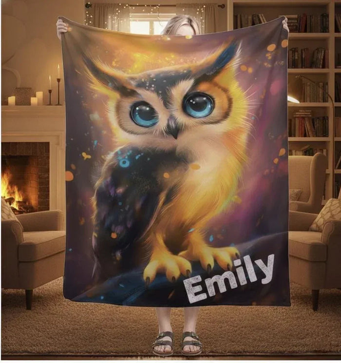 Personalized owl face throw blanket with colorful galaxy background and name "Emily"