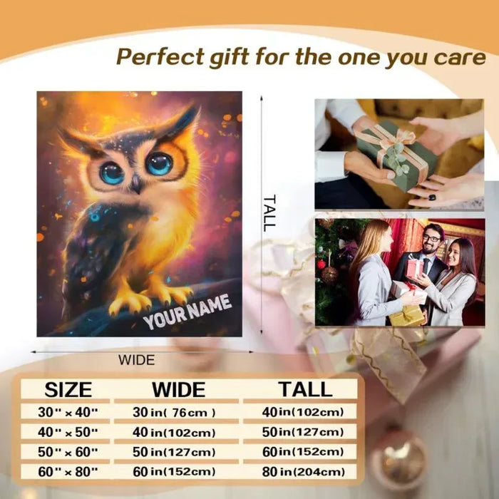 Cosmic owl throw blanket size chart with YOUR NAME layout preview