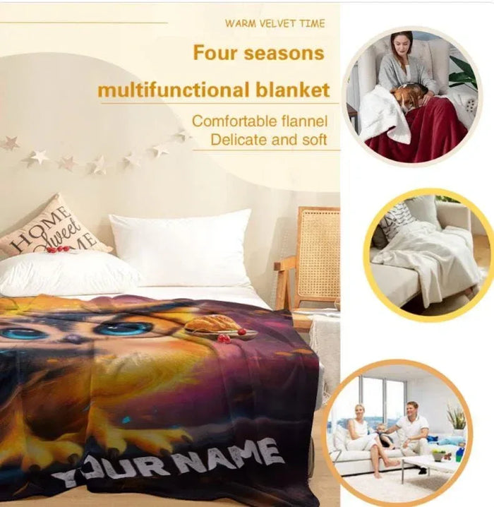 Flannel throw blanket with colorful owl print on bed and custom name text