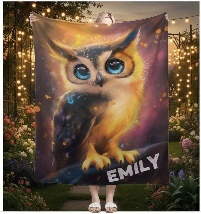 Cosmic owl throw blanket with large eyes and custom name "EMILY"