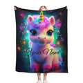 Cosmic unicorn blanket with galaxy print and text Your Name, held up
