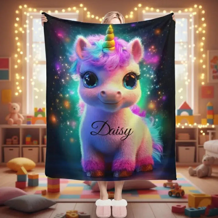 Cosmic unicorn flannel blanket with rainbow horn and name Daisy on galaxy print