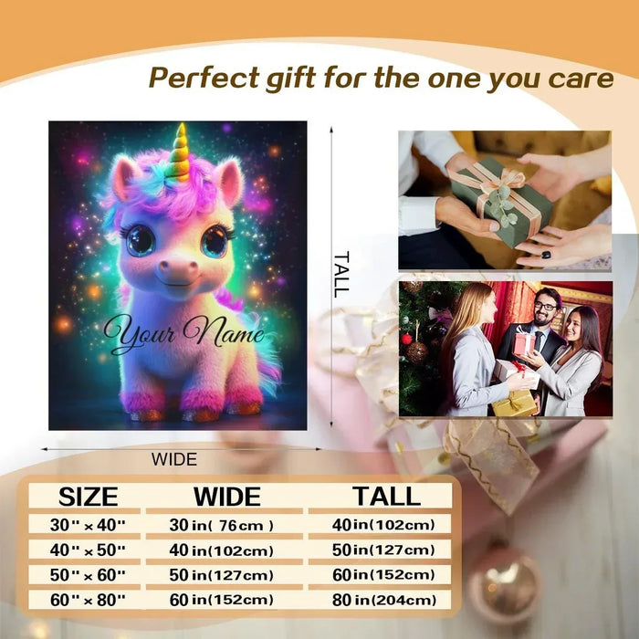 Galaxy unicorn flannel blanket with rainbow horn and 'Your Name' text