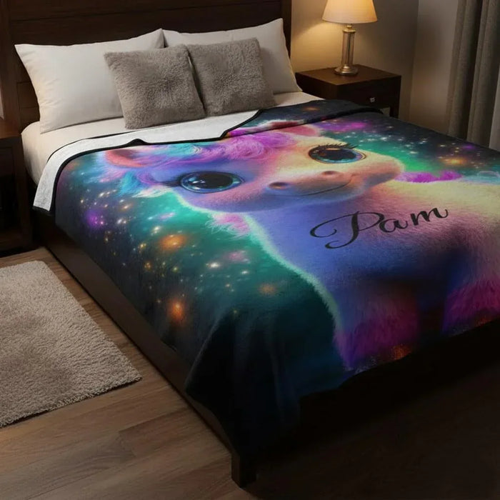 Galaxy unicorn blanket with name Pam in cursive on the bed throw