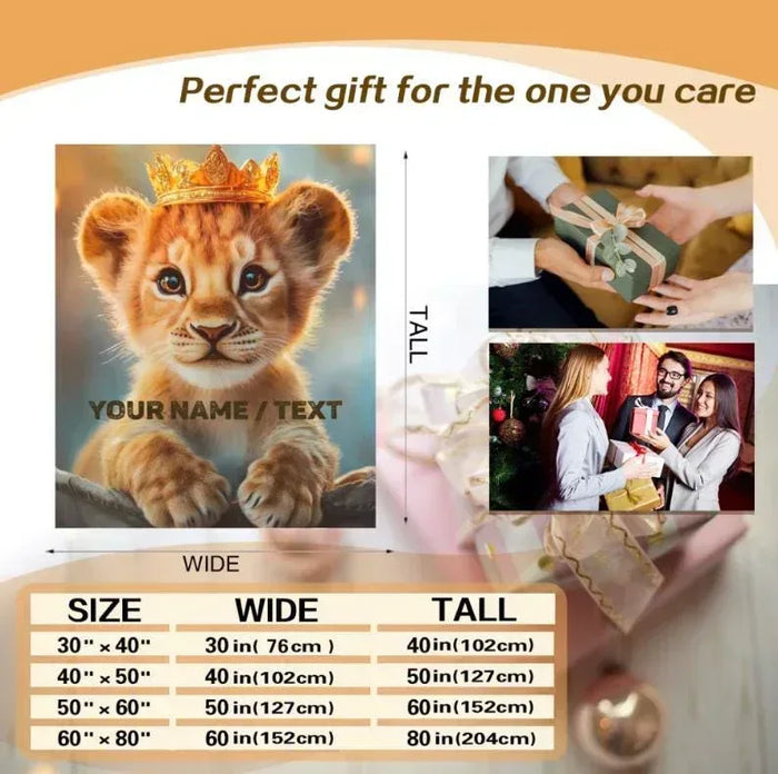 Custom baby lion cub blanket design panel with name area and size chart