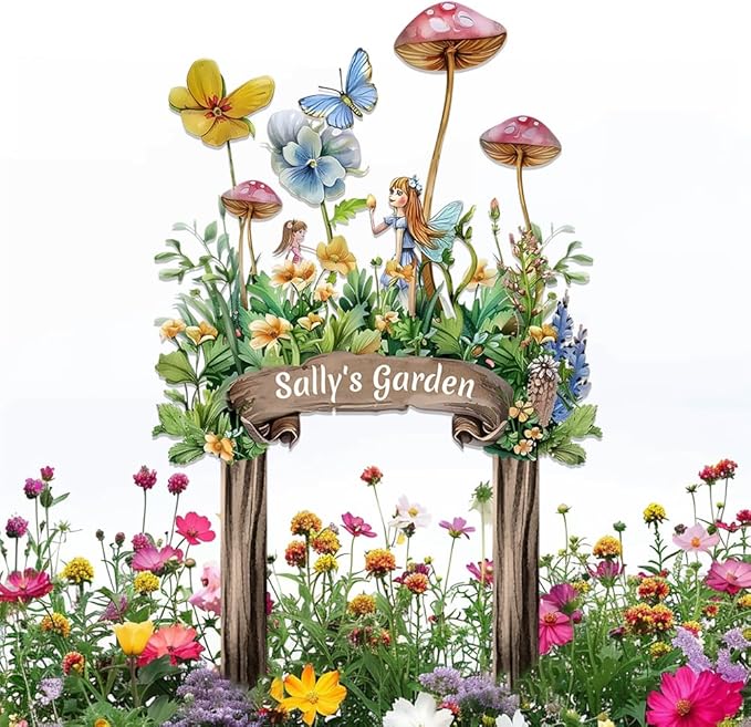 Garden metal sign stake with fairy and butterflies, floral design, reads “Sally's Garden”