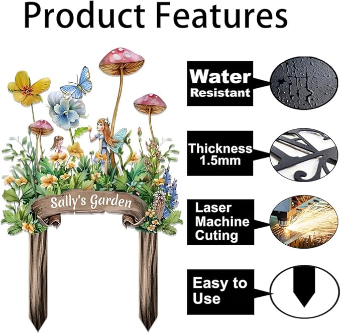 Garden metal sign features: water resistant, 1.5mm thick, laser cut; fairy floral design