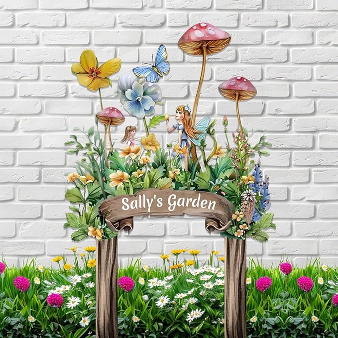 Garden metal sign stake with fairy, butterflies, and flowers, reads “Sally's Garden”