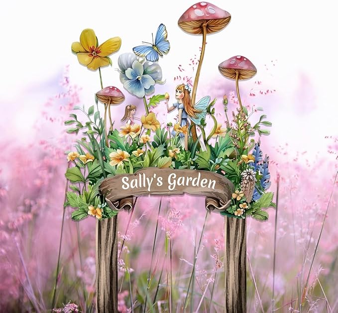 Garden metal sign stake with fairy and butterflies over a flower garden frame, reads “Sally's Garden”