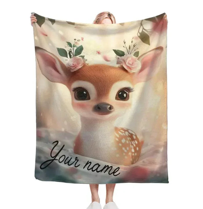 Personalized throw blanket with deer fawn illustration and "Your name" text