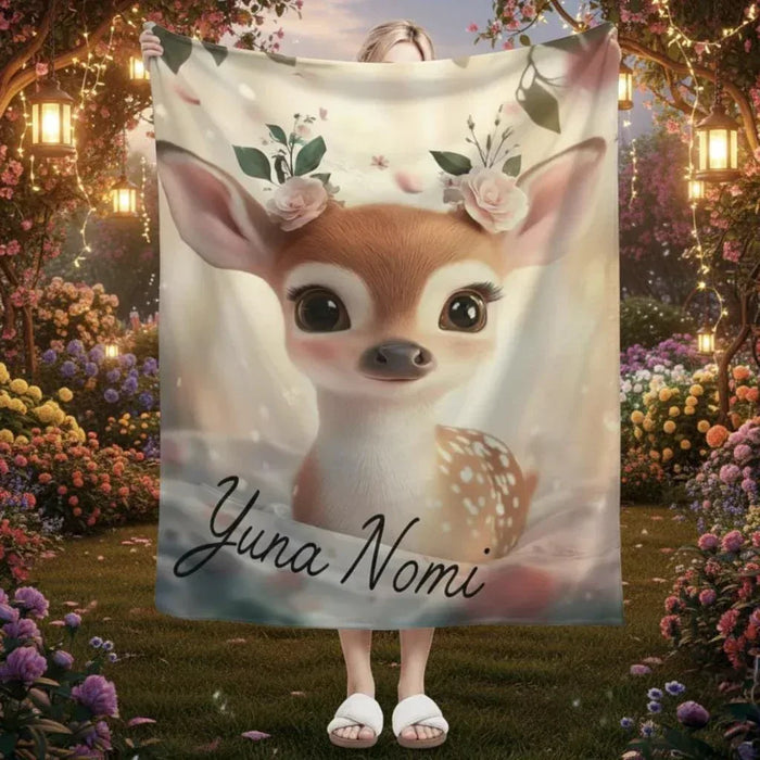 Personalized throw blanket featuring a deer fawn illustration with custom name text