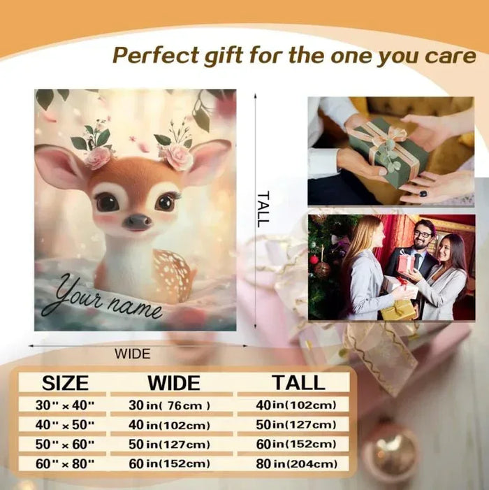 Personalized throw blanket with deer fawn illustration and "Your name" text