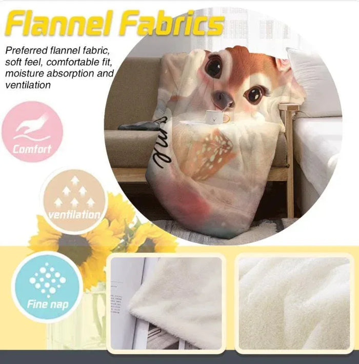 Personalized throw blanket with deer fawn face print and soft flannel fabric