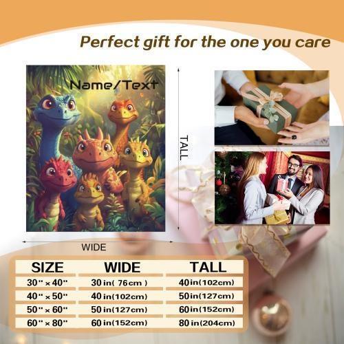 Custom dinosaur name blanket with colorful dinosaur characters in jungle foliage