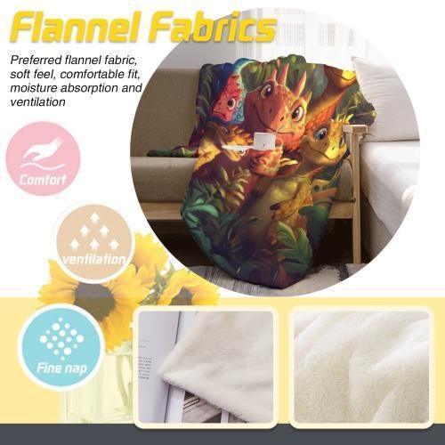 Flannel throw blanket featuring a dinosaur graphic and soft fabric surface
