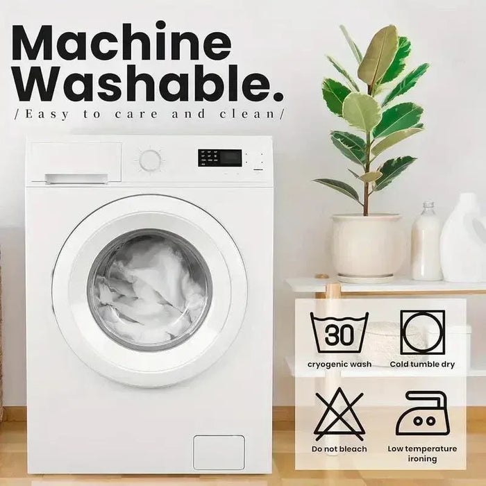 Machine-washable flannel blanket care icons with wash and dry instructions