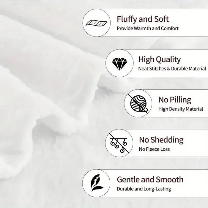 Fluffy flannel throw blanket with no pilling, no shedding, and gentle care icons