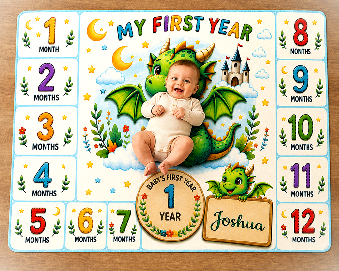Personalized baby milestone blanket with dragon theme, 1–12 month milestones and name Joshua