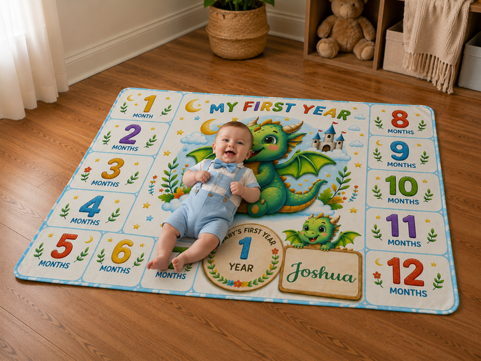 Baby milestone blanket with dragon artwork, baby sitting, and numbered month squares