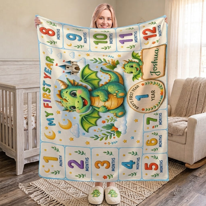 Personalized baby milestone blanket with green dragon and month-by-month numbers on light background