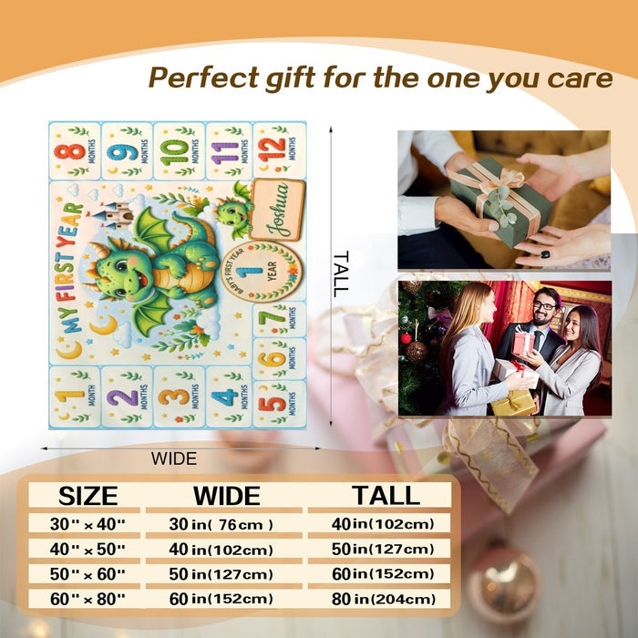 Milestone dragon blanket pattern panel with dragons and month-number blocks, size chart shown