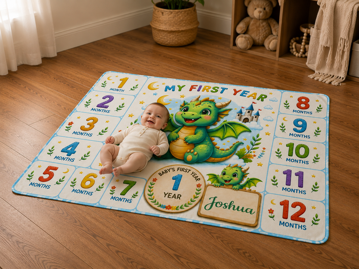 Baby milestone blanket on hardwood floor with dragon design and numbered month grid