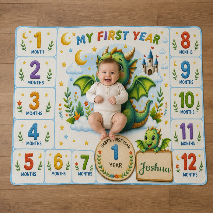 Personalized baby milestone blanket with green dragon, castle, and name Joshua on blocks