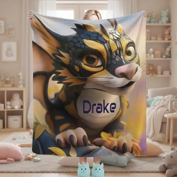 Personalized dragon flannel throw blanket with large animal-face artwork and name panel